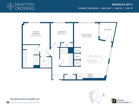 Floor plan for 2 beds, 2 baths, 1201 sqft